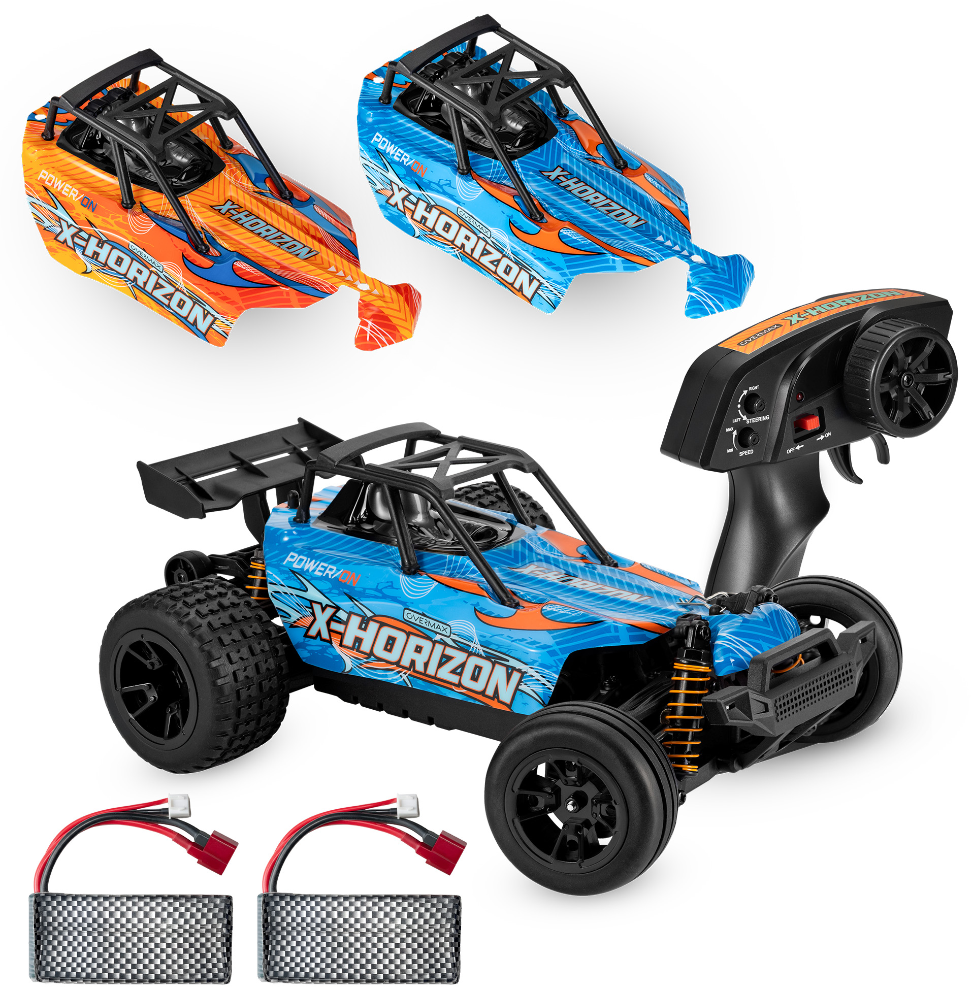 Afbeelding toont drie RC-auto's, twee tops en één gemonteerd, met een afstandsbediening en twee batterijen. Blauwe en oranje kleuren.