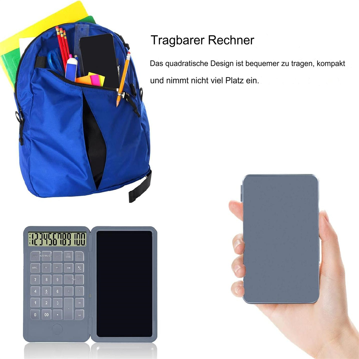 Ein blauer Rucksack mit Schulmaterialien, ein Taschenrechner und eine Hand, die einen grauen Taschenrechner hält.
