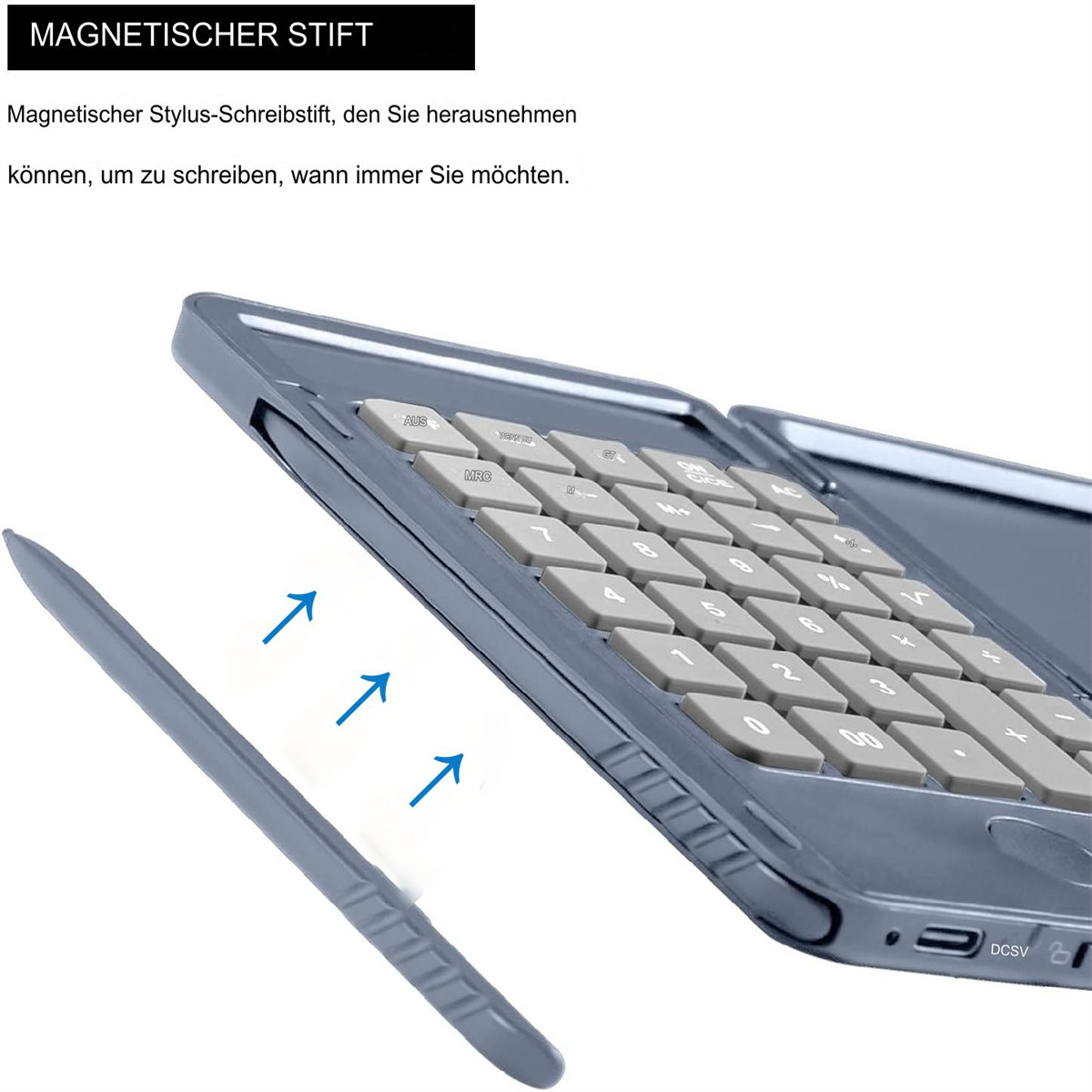 Ein grauer Stift zeigt auf einen grauen Taschenrechner. Blaue Pfeile zeigen die magnetische Befestigung des Stifts am Rechner an.