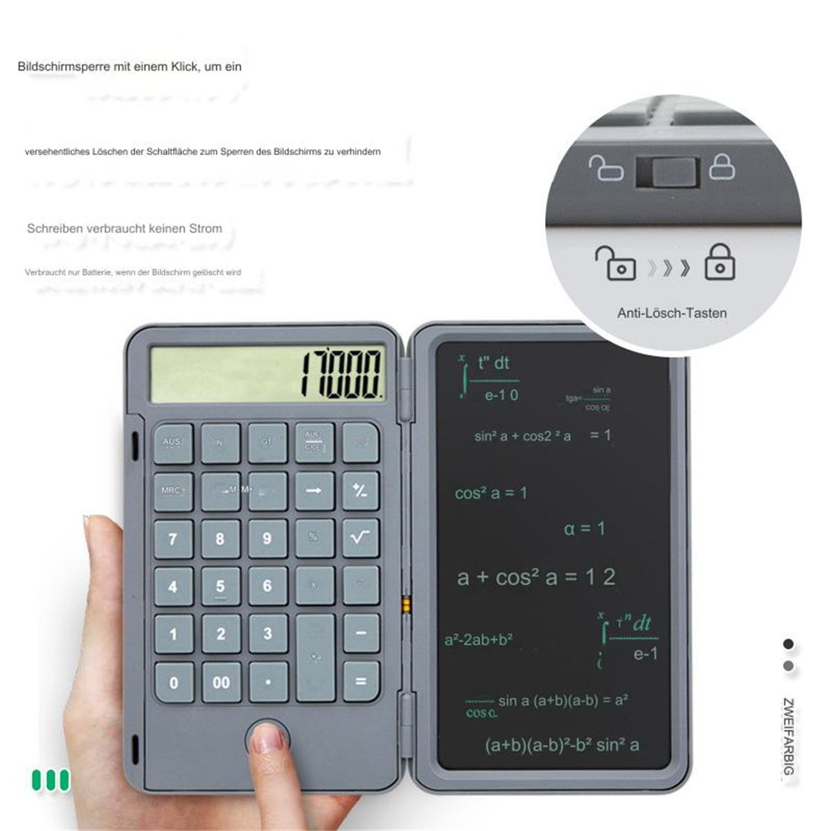 Grauer Taschenrechner mit Display, geöffnet mit Rechenoberfläche. Eine Hand drückt eine Taste.