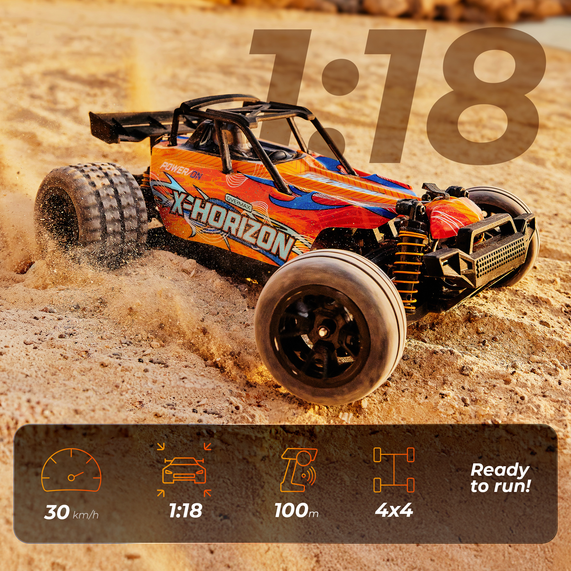 Een op afstand bestuurbare oranje en blauwe buggy-auto op zand. De auto is voorzien van X-HORIZON en heeft 4x4 aandrijving.
