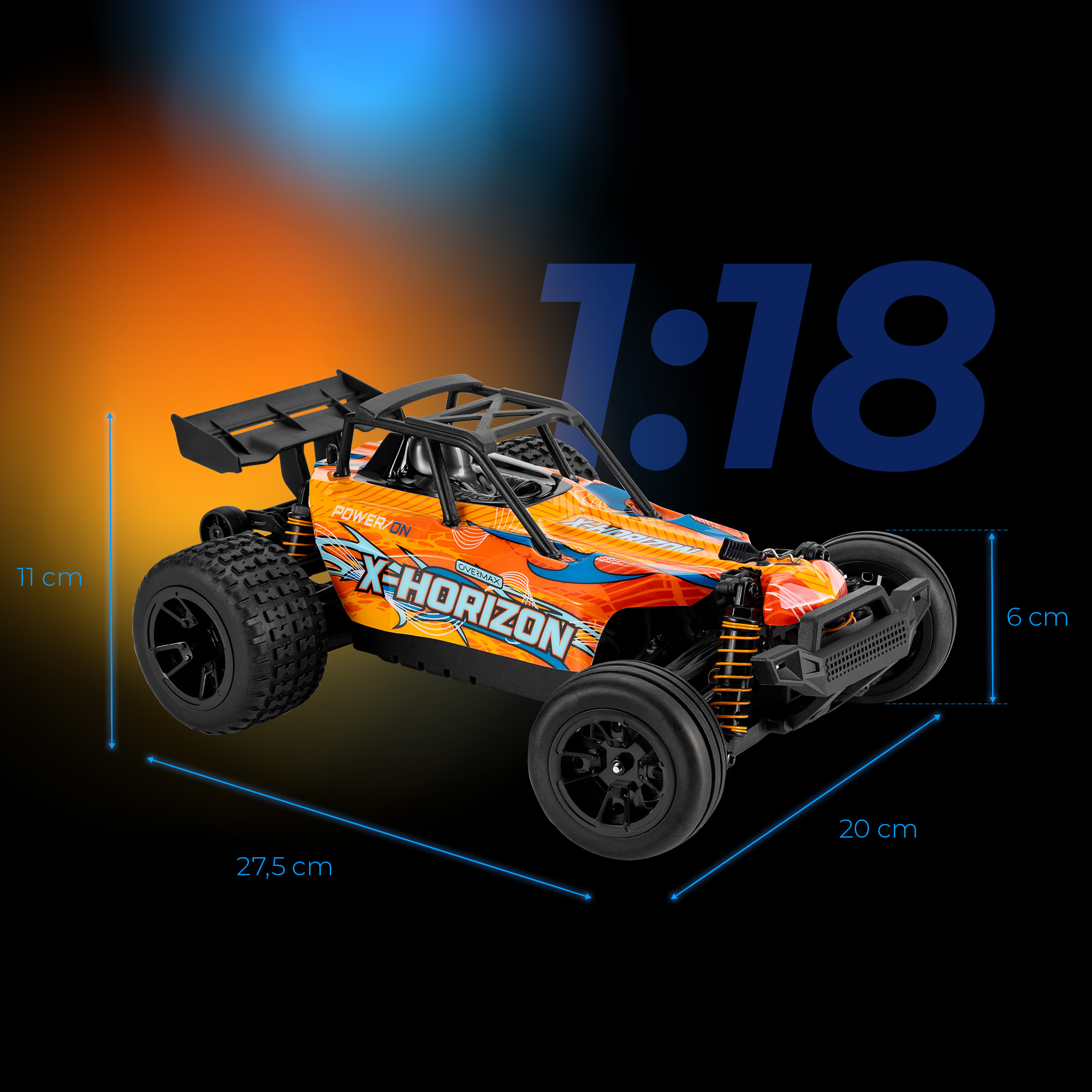 Een op afstand bestuurbare oranje buggy met zwarte wielen en details, met afmetingen eroverheen. De achtergrond is een verloop.