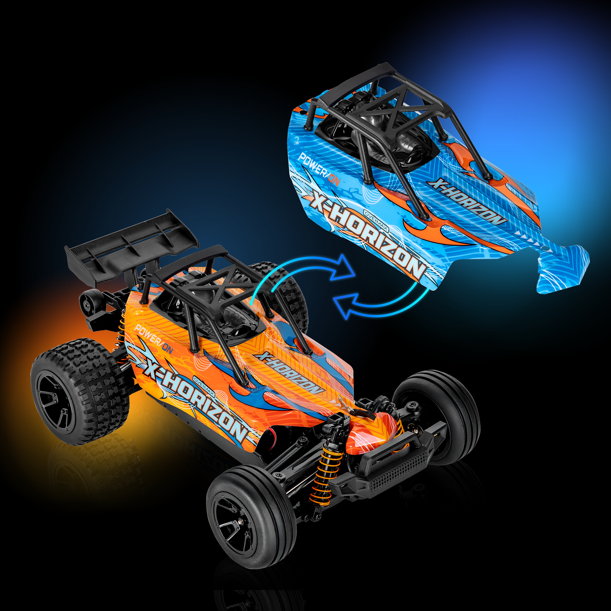 Een oranje en blauwe speelgoedauto met een losgemaakt bovendeel, pijlen tonen een rotatie. Zwarte achtergrond met oranje en blauwe tinten.