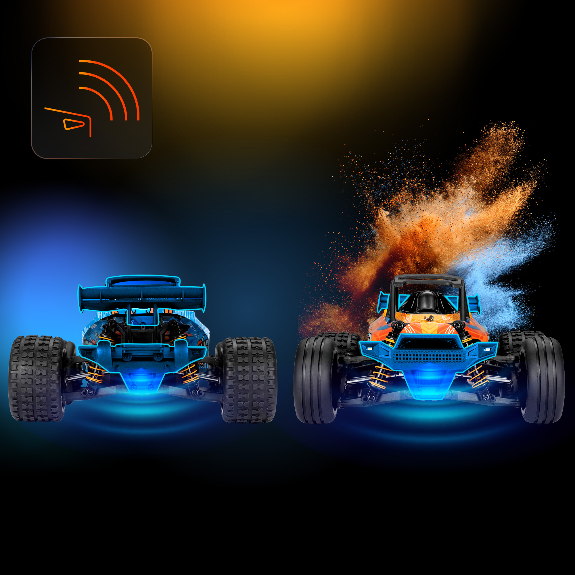 Twee RC-auto's, een blauwe, een oranje, tegen een gradiëntachtergrond met een signaalpictogram.