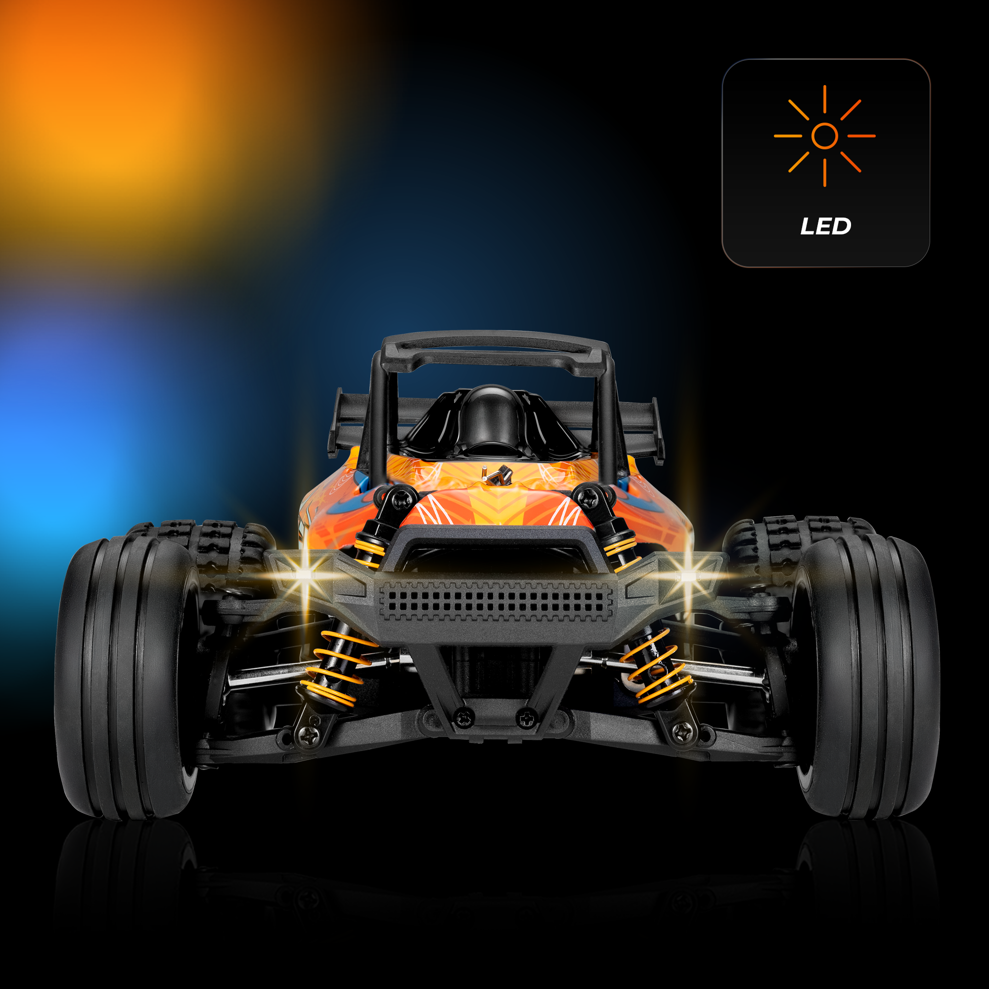 Een op afstand bestuurbare oranje en zwarte auto met LED-verlichting. De achtergrond heeft een verloop van oranje, blauw en zwart.