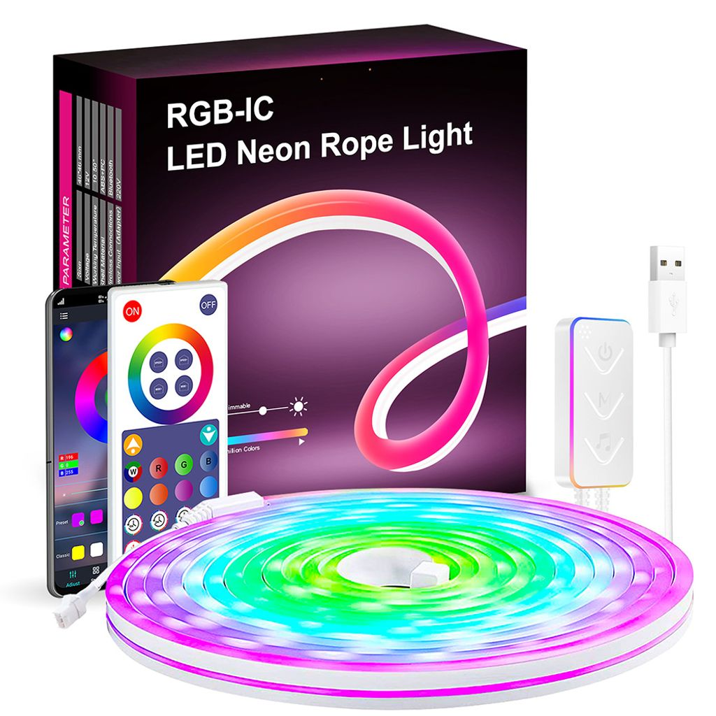 Ein Neon-LED-Seil-Licht-Kit mit Fernbedienung, Controller und Handy-App-Oberfläche. Das Licht zeigt einen Regenbogen an Farben.