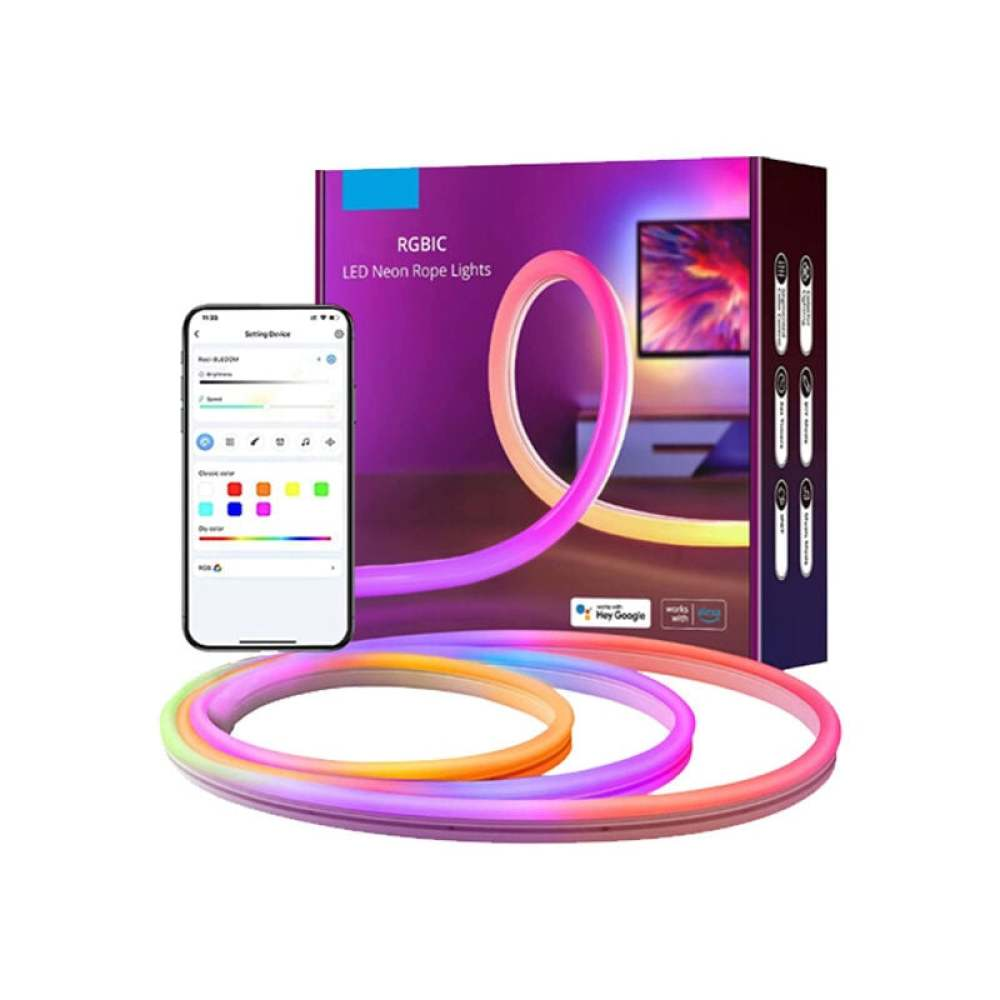 Eine Schachtel mit RBGIC LED-Neon-Seillichtern, ein Telefon mit Bedienelementen und ein Seillicht werden gezeigt.