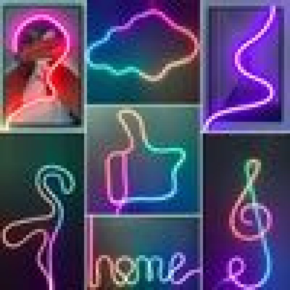 Das Bild zeigt Neonlichtformen, darunter eine Person, eine Wolke, eine wellenförmige Linie, ein Daumen hoch, ein Flamingo, das Wort 'home' und eine Musiknote.
