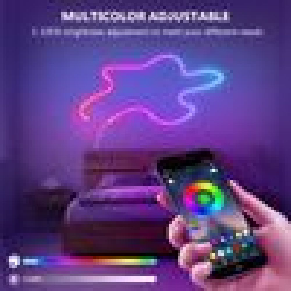 Eine Hand hält ein Telefon mit einem Farbrad. Ein Neonlicht in Sternform befindet sich über einem dunklen Objekt. Der Hintergrund ist lila.