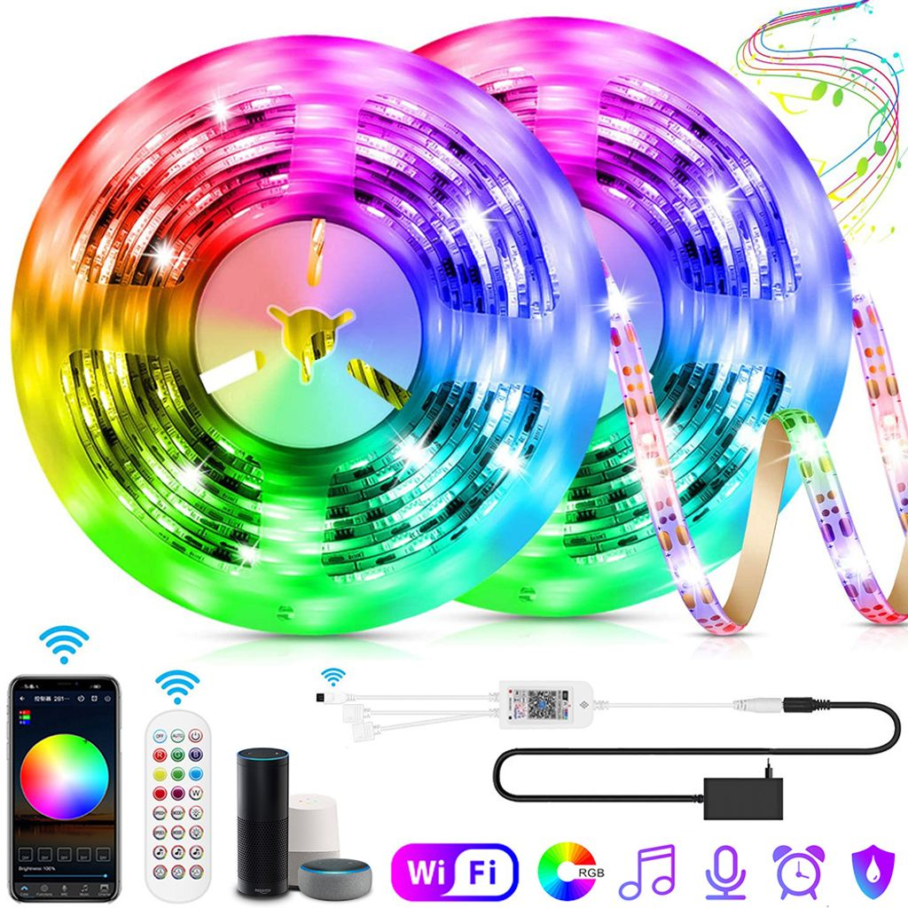 LED-Streifen in bunten Spiralen. Enthält Fernbedienung, Telefon-App, Smart Speaker, Wi-Fi-Symbol und andere Symbole.