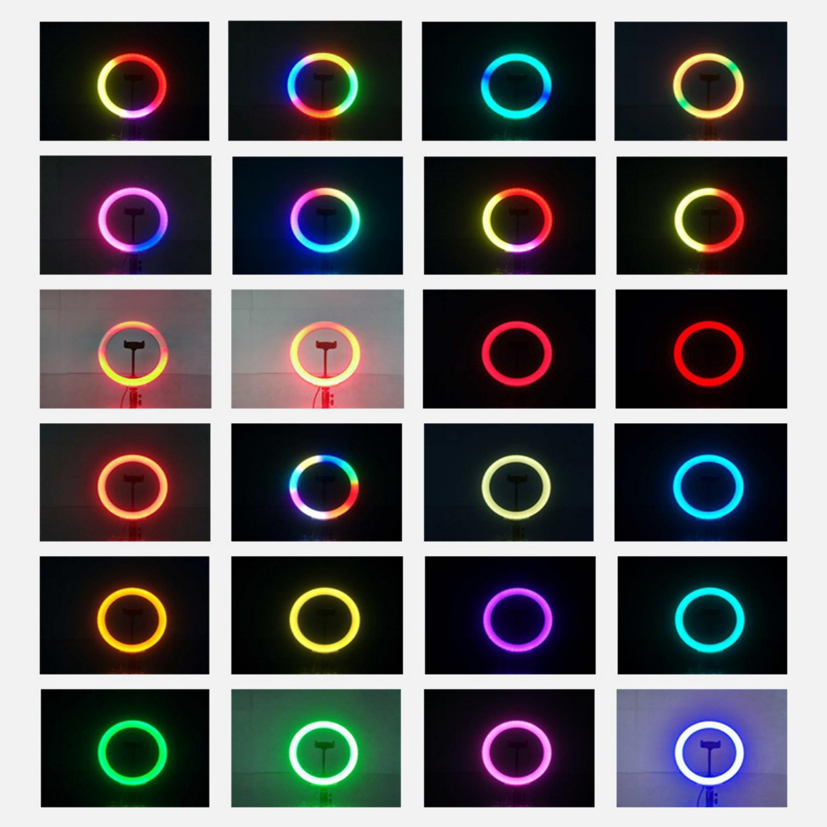 Ein Raster von Ringlichtern in verschiedenen Farben: Rot, Grün, Blau, Gelb und Lila. Jeder Ring hat einen Ständer, der Hintergrund ist dunkel.