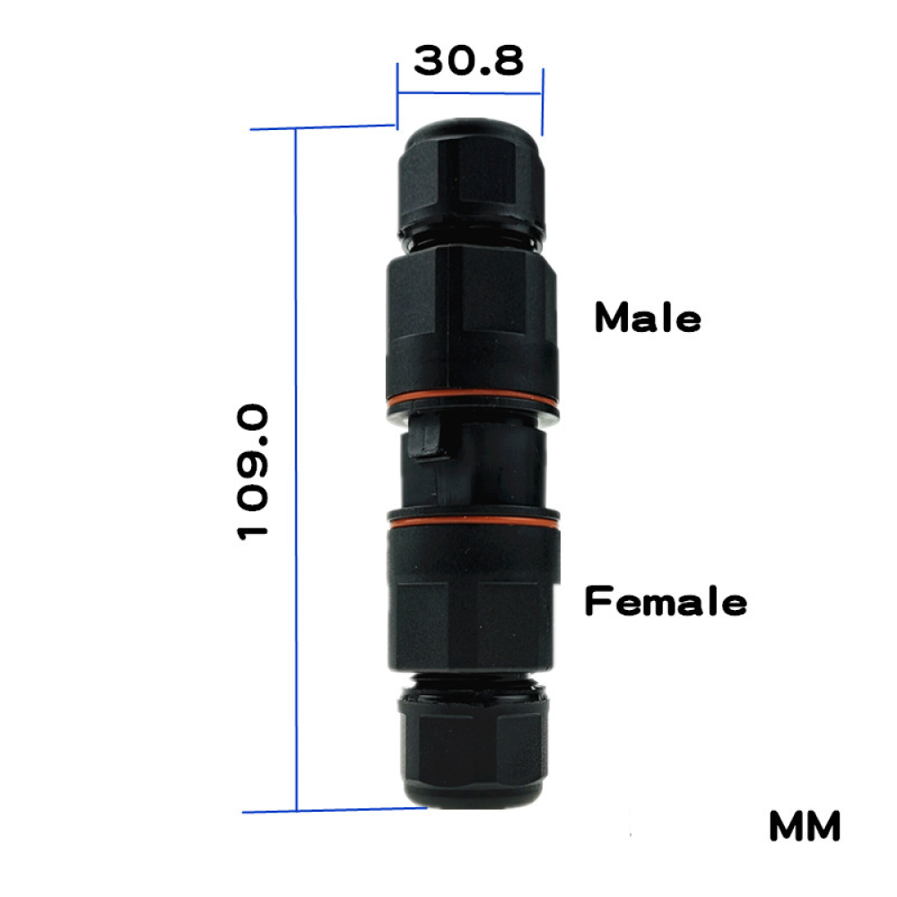 Schwarzer Stecker und Buchse mit Maßangaben in mm. Der Stecker befindet sich oben, die Buchse unten.