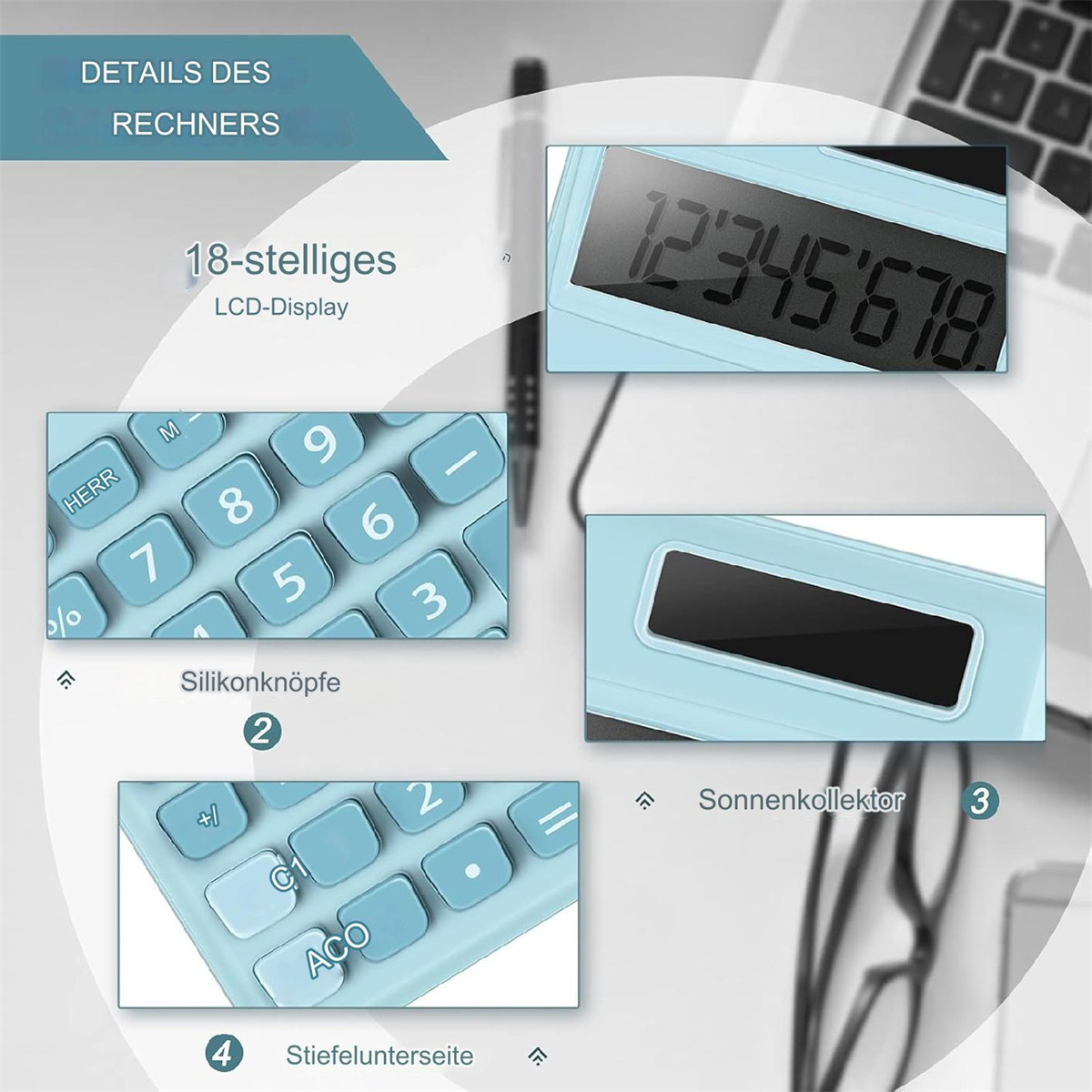 Nahaufnahme eines hellblauen Rechners mit verschiedenen Abschnitten, die Details wie Anzeige, Tasten und Solarpanel zeigen.