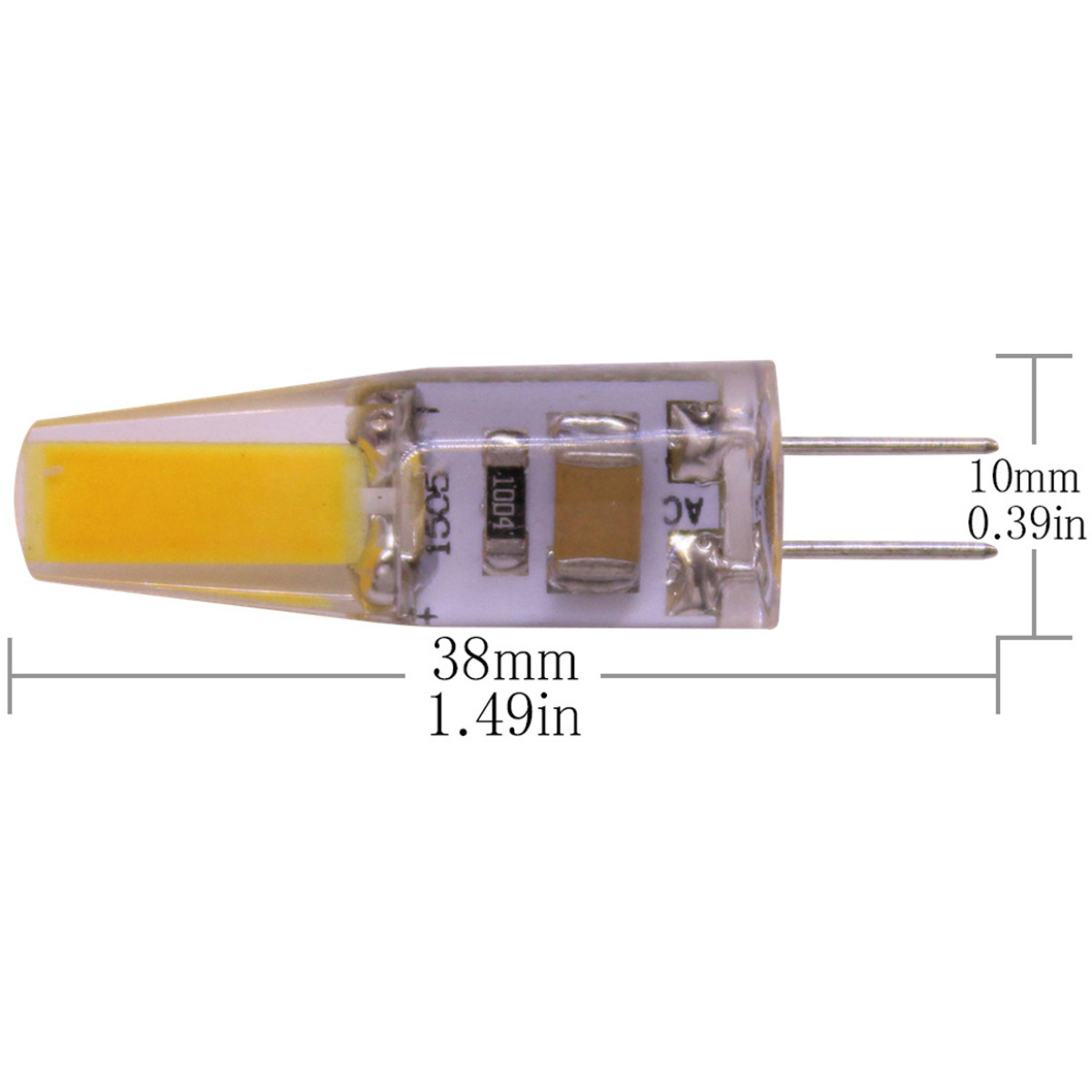 Nahaufnahme einer kleinen LED-Glühbirne. Sie ist transparent mit einem gelben Lichtbereich. Maße sind in mm und Zoll angegeben.