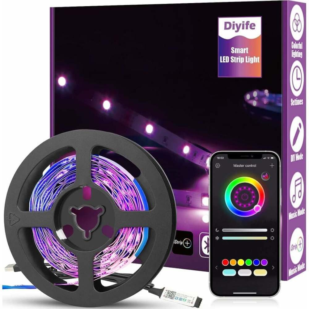 Ein Smart-LED-Streifenlicht-Kit mit einer Lichtrolle, einem Telefon mit Steuerungsmöglichkeiten und einer Produktverpackung.