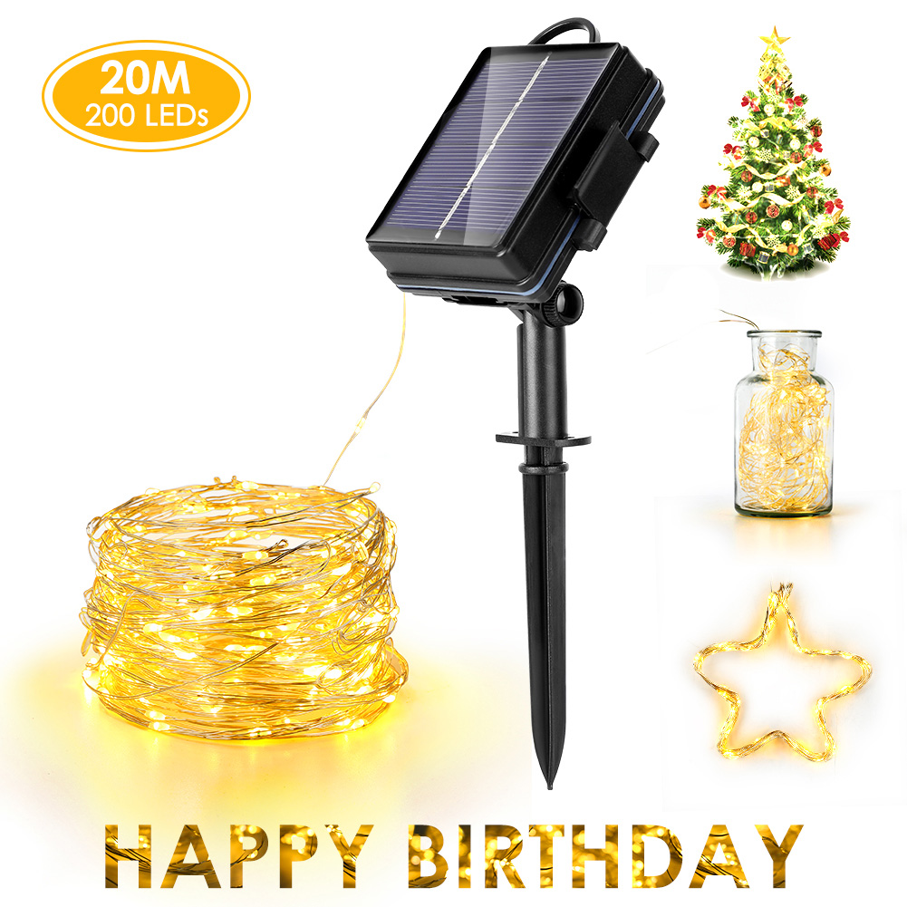 Solar-Lichterketten mit Solarpanel, Weihnachtsbaum, Stern und den Worten 'HAPPY BIRTHDAY' werden angezeigt.