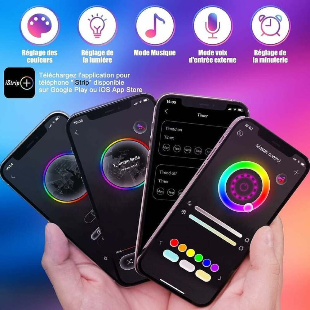 Hand hält Smartphones mit der iStrip-App-Oberfläche. Zeigt Farbeinstellungen, Timer und Musiksteuerung an. Regenbogenlichter.