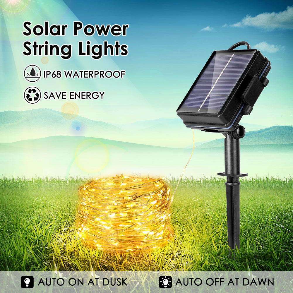 Solar-Lichterketten mit Solarpanel im grünen Feld. Text zeigt IP68 wasserdicht, energiesparend, automatisch bei Dämmerung und Morgendämmerung.