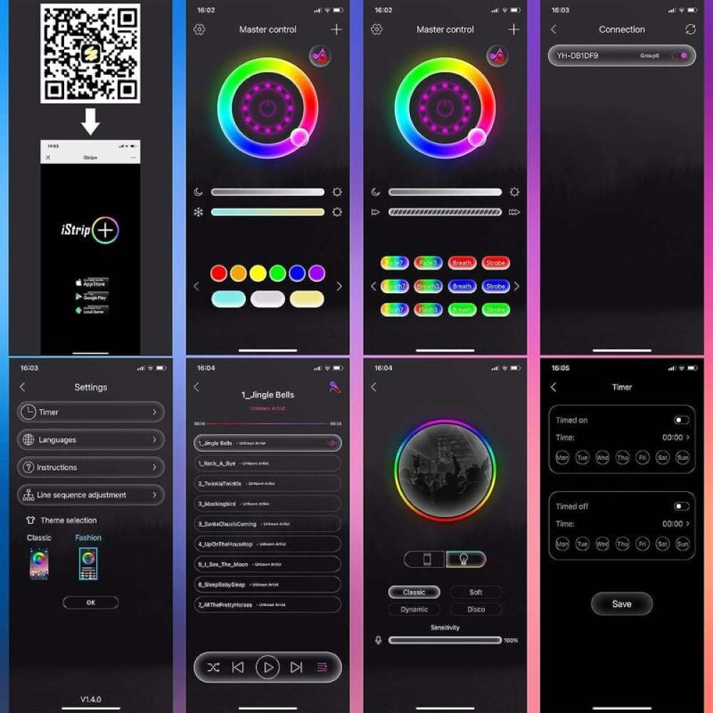 Screenshots einer Smart-Light-App mit verschiedenen Steuerungsoptionen, einschließlich Farbauswahl, Timereinstellungen und Musik-Sync-Funktionen.