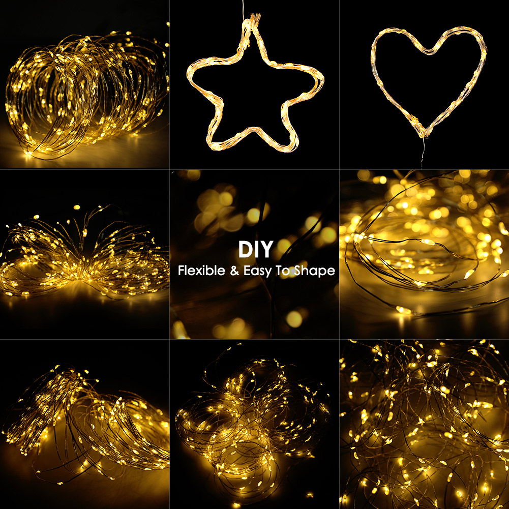 Neun Bilder von Lichterketten auf schwarzem Hintergrund, verschiedene Formen, darunter Sterne, Herzen und Bündel, alle warmgelb leuchtend.