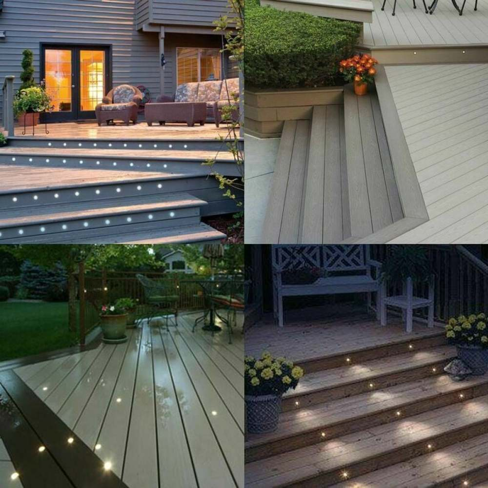 Terrassendielen mit Lichtern. Treppen und Terrasse mit Möbeln. Pflanzen und Blumen in Töpfen. Nachtszene, warme Beleuchtung.
