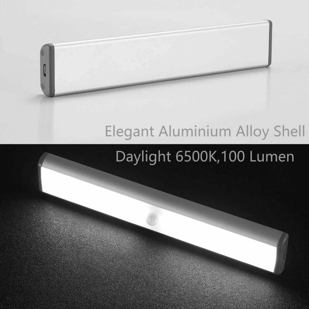 Zwei LED-Lichtleisten. Eine ist ausgeschaltet und von oben betrachtet, eine ist eingeschaltet und in einem Winkel. Text: Elegante Aluminiumlegierungsschale, Tageslicht 6500K, 100 Lumen.