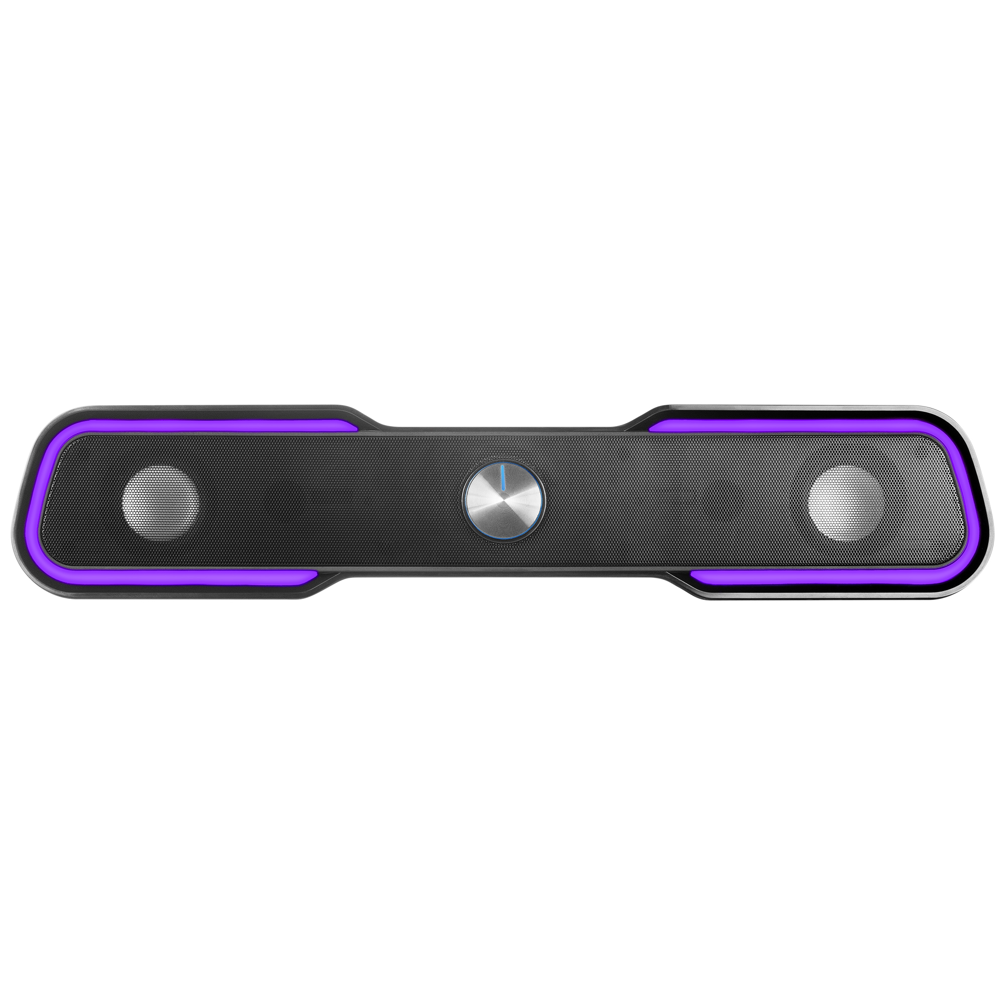 Una soundbar nera con luci a LED viola su sfondo bianco. Ha due altoparlanti e un pulsante d'argento.