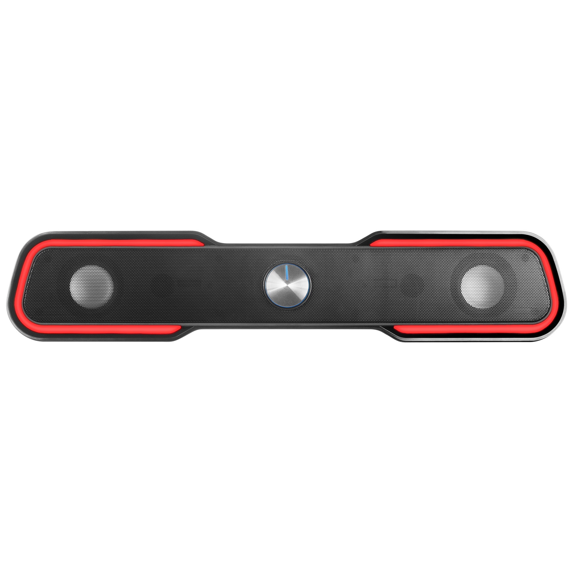 Una soundbar nera con luci LED rosse e dettagli argentati, con un pulsante di controllo centrale.