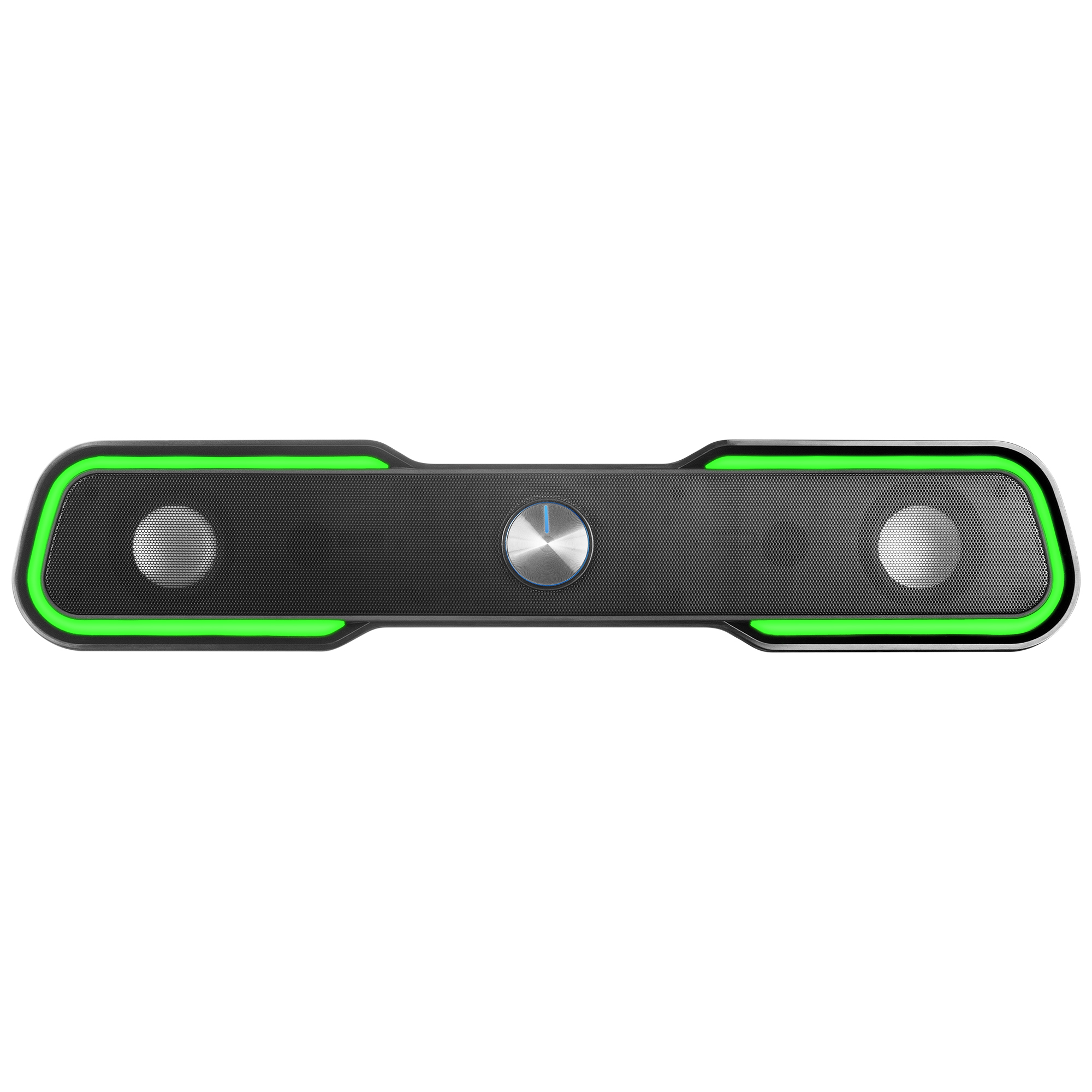 Una soundbar nera con luci al neon verdi. Ha un pulsante argentato al centro e due altoparlanti.