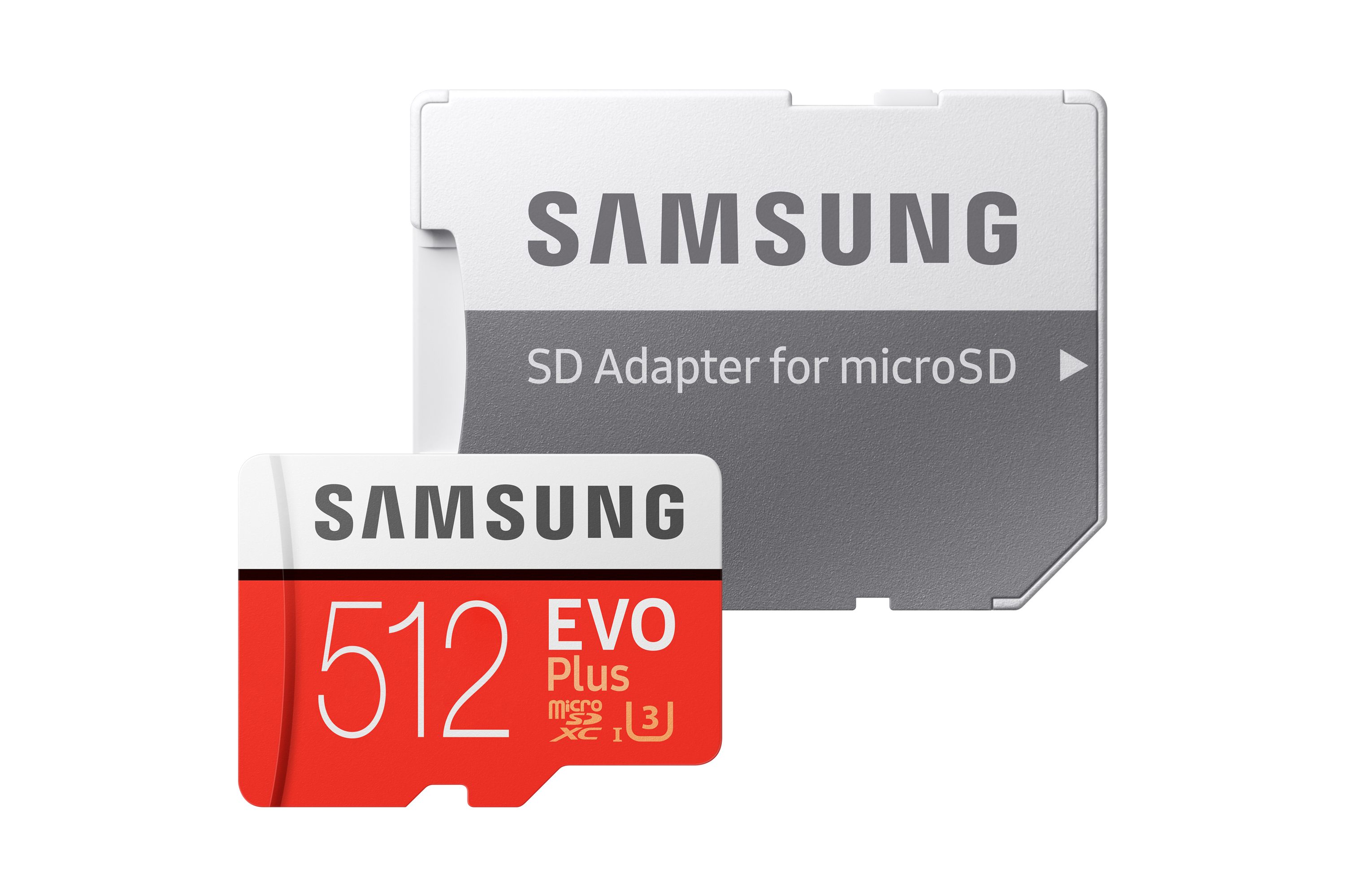 Image d'une carte SD et d'un adaptateur Samsung. La carte est rouge avec texte blanc, l'adaptateur est blanc et gris.