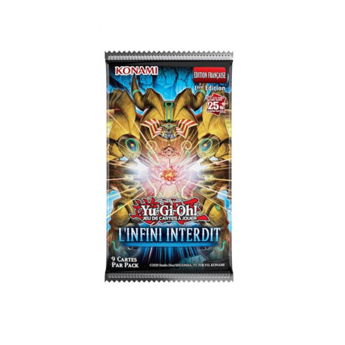 Un pacchetto di carte Yu-Gi-Oh! con il titolo "L'INFINI INTERDIT". Presenta un personaggio dorato con una luce rossa al centro.