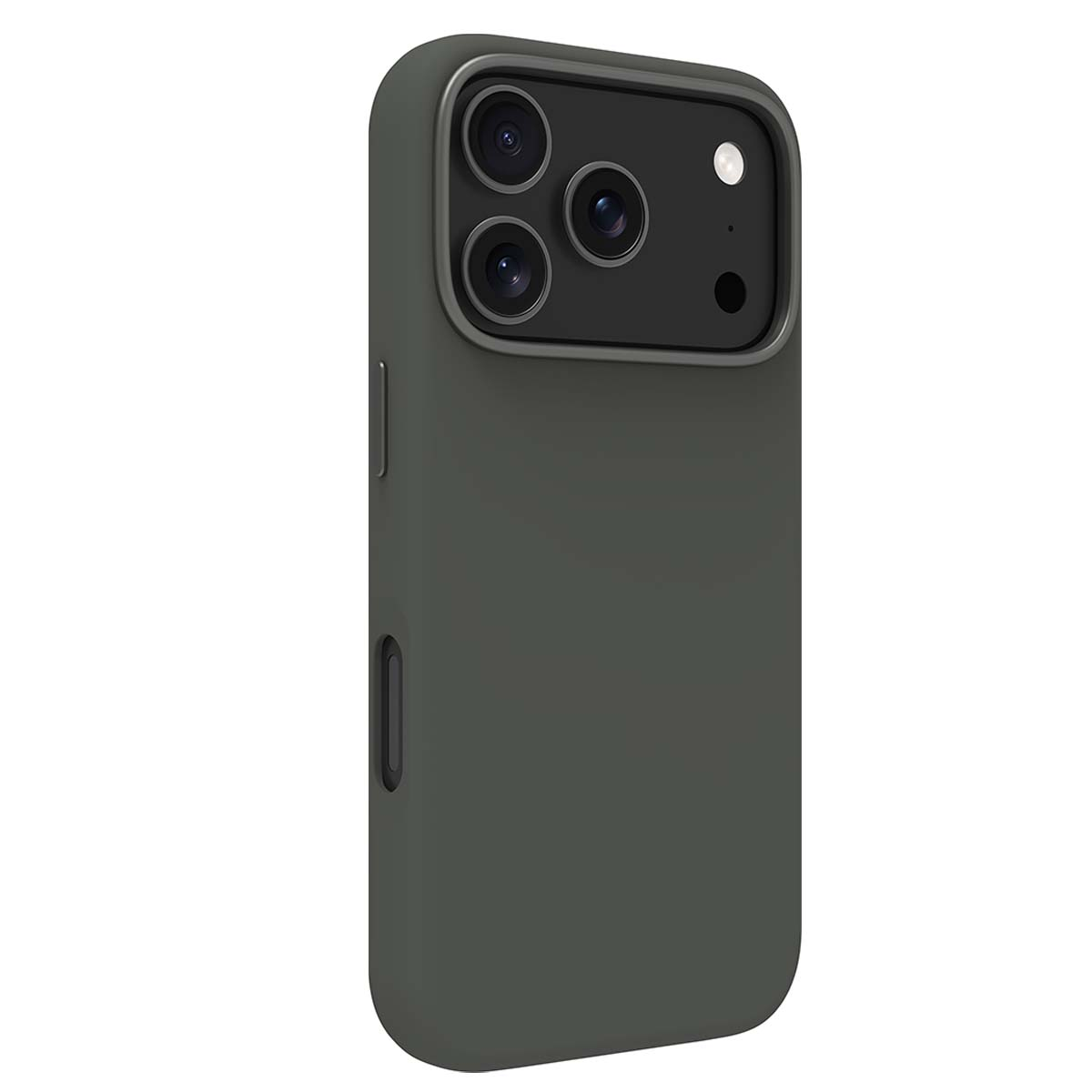 Una custodia per telefono verde scuro con tre obiettivi. La custodia ha una cornice protettiva e dettagli dei pulsanti.