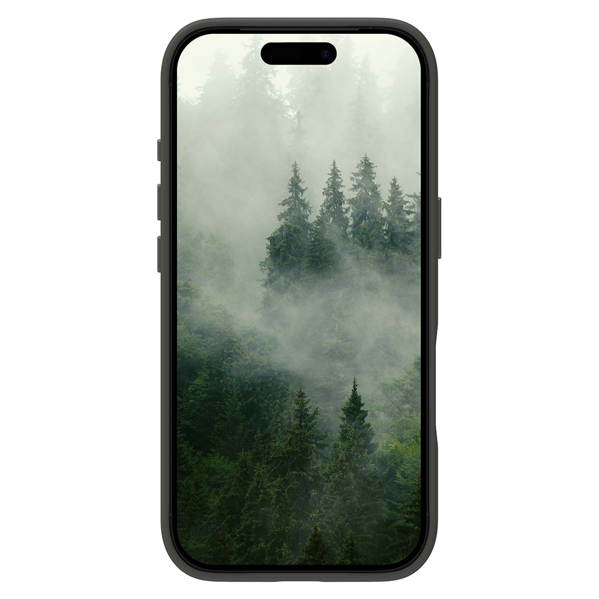 Telefono che mostra una scena di foresta nebbiosa. La custodia scura circonda lo schermo. Alberi verdi visibili, avvolti nella nebbia.