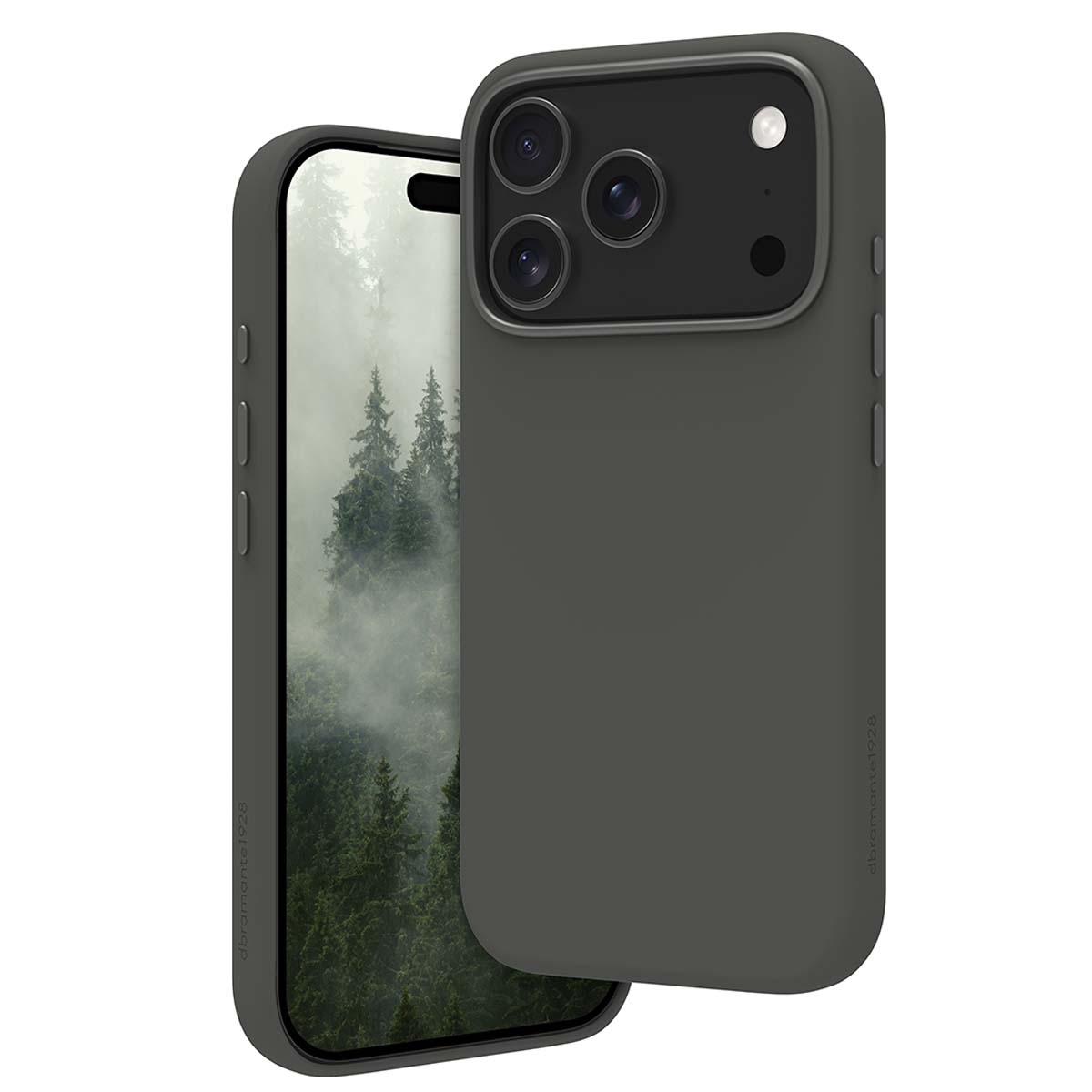 Une coque de téléphone gris foncé sur un téléphone. L'écran montre une scène de forêt. La coque a trois objectifs.