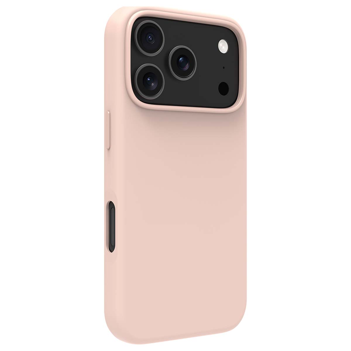 Primo piano di una custodia rosa per telefono. Ha fori per la fotocamera e un pulsante laterale. Lo sfondo è bianco, indicando isolamento.