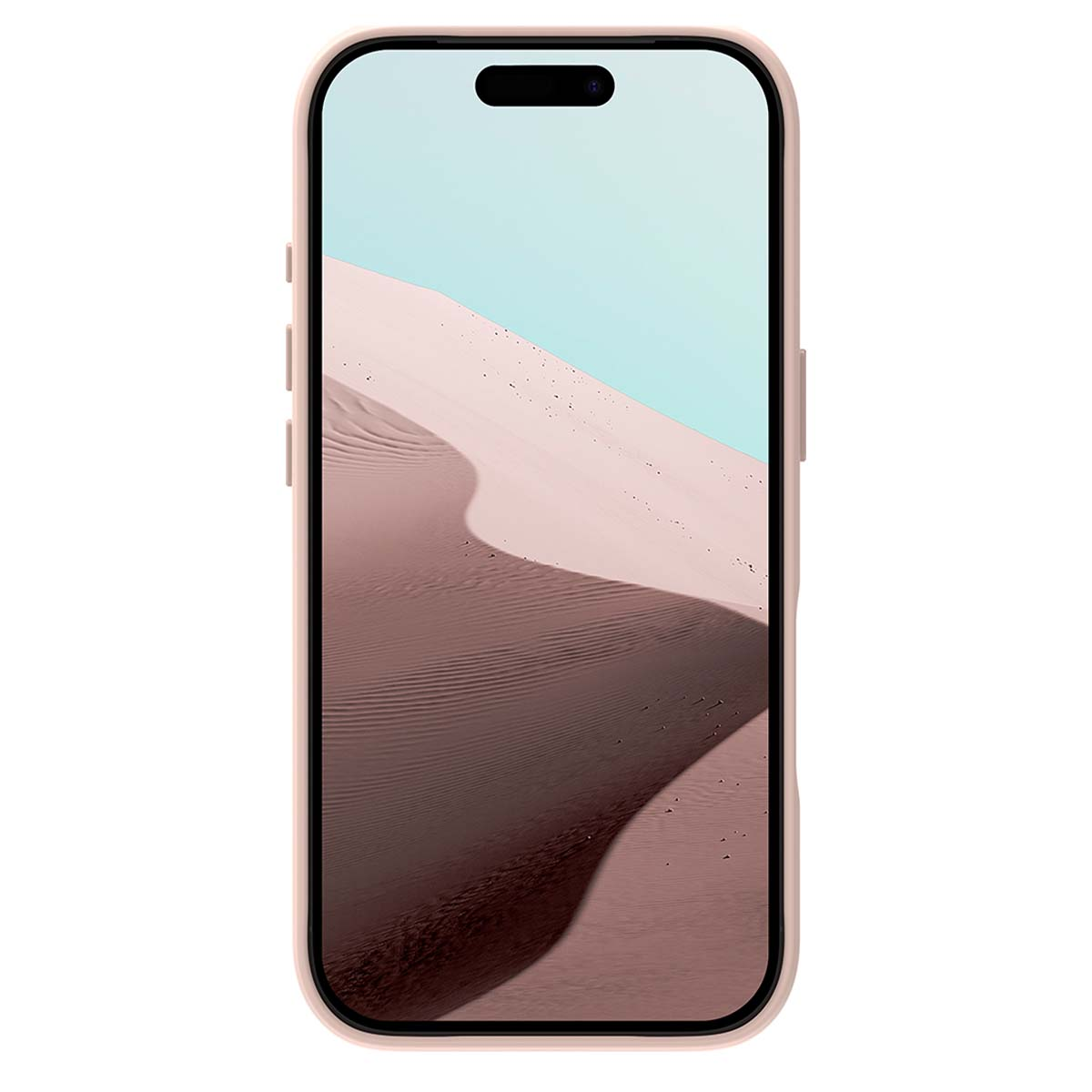 Uno smartphone in una custodia rosa mostra un paesaggio desertico con cielo blu. Il telefono ha un ritaglio nero per la fotocamera nella parte superiore.