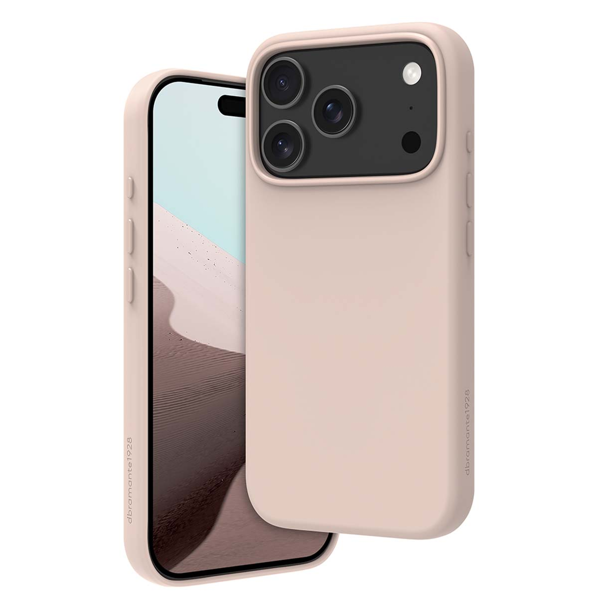 Custodia rosa per telefono con un telefono all'interno. Il telefono ha un modulo fotocamera nero e la custodia copre la parte posteriore e i lati.
