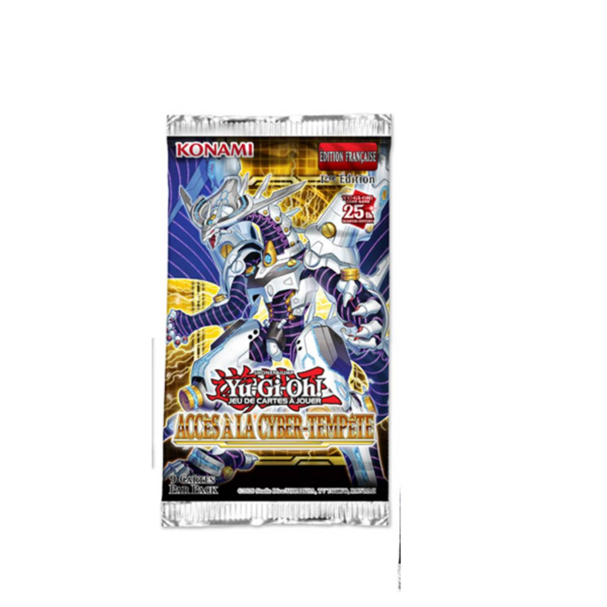 Eine Yu-Gi-Oh!-Kartenpackung mit einem weißen und blauen Monster. Text enthält 'KONAMI', 'Yu-Gi-Oh!' und 'ACCES A LA CYBER-TEMPETE'.