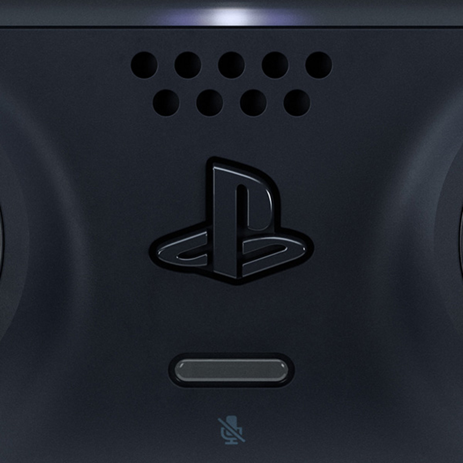 Nahaufnahme eines schwarzen PlayStation-Controllers mit dem PlayStation-Logo und einer Stummschalttaste.