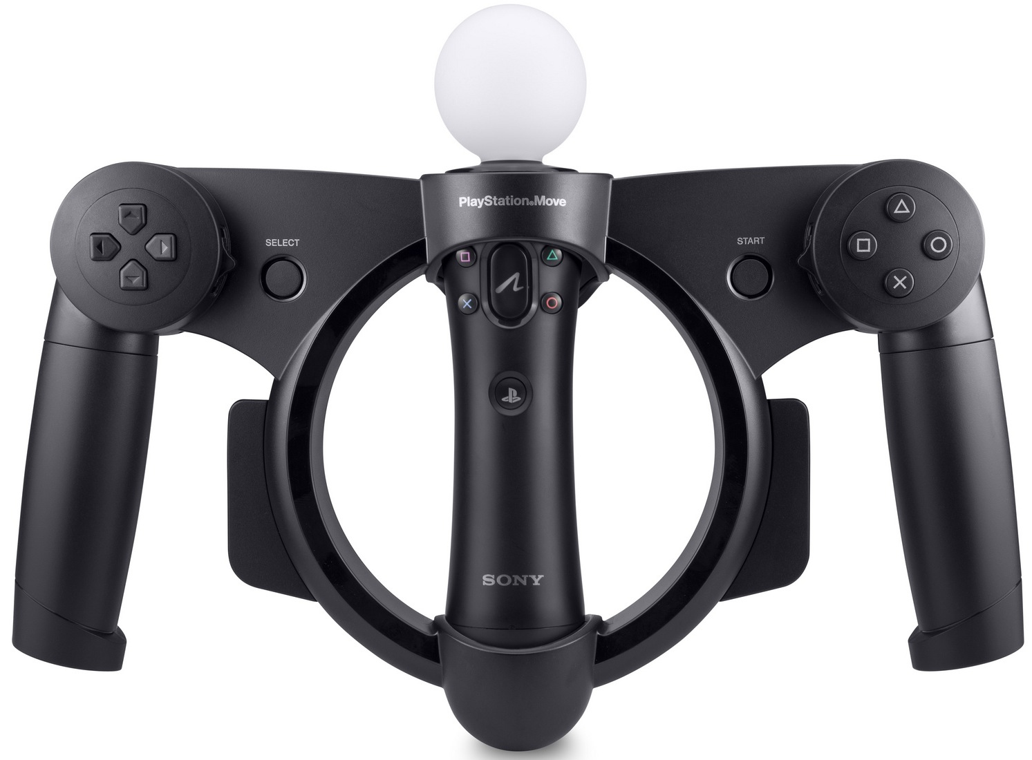 Schwarzer PlayStation Move-Controller mit weißer Kugel und Bedienelementen, einschließlich eines zentralen Rings. Das Sony-Logo ist sichtbar.