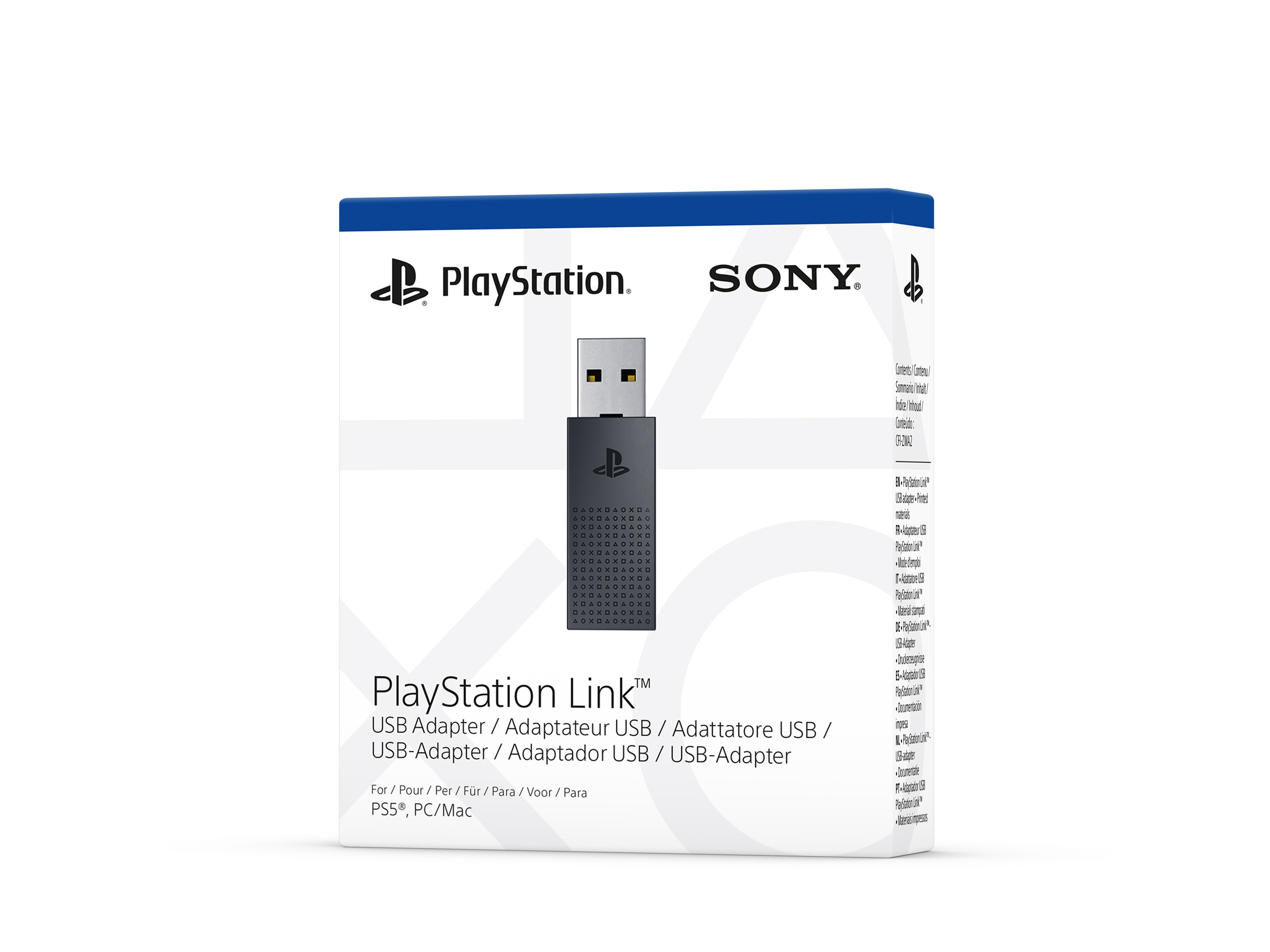 Scatola con adattatore USB PlayStation Link. La scatola è bianca con blu, visibili i marchi PlayStation e Sony.