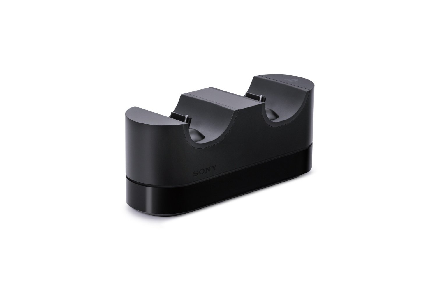 Schwarzes Sony PlayStation-Controller-Ladegerät. Es hat zwei Ladeschlitze, eine schwarze Basis und das Sony-Logo ist sichtbar.
