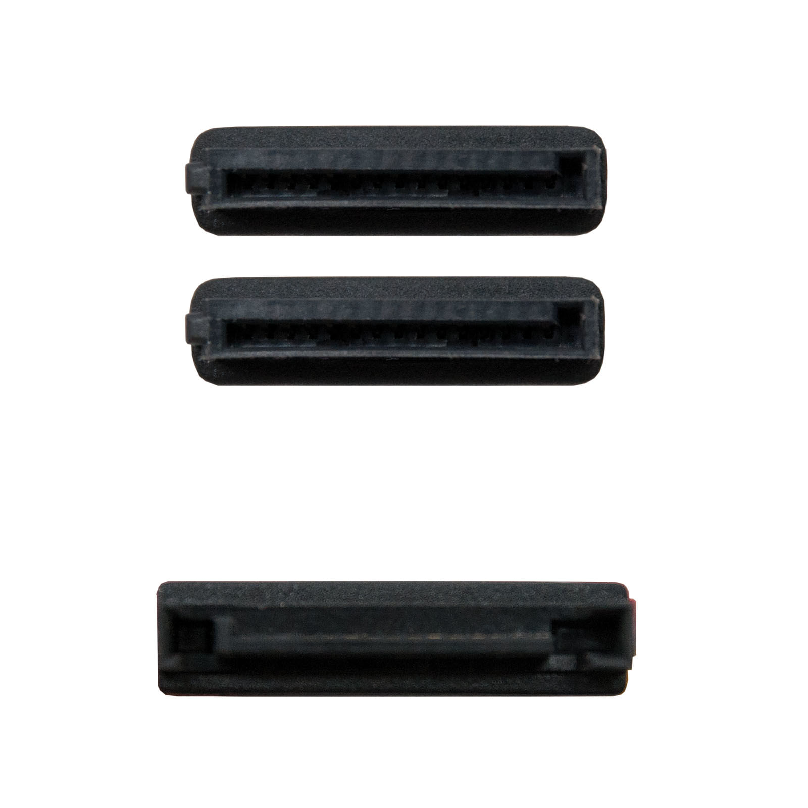 Trzy czarne prostokątne obiekty, prawdopodobnie złącza, ułożone pionowo na białym tle.