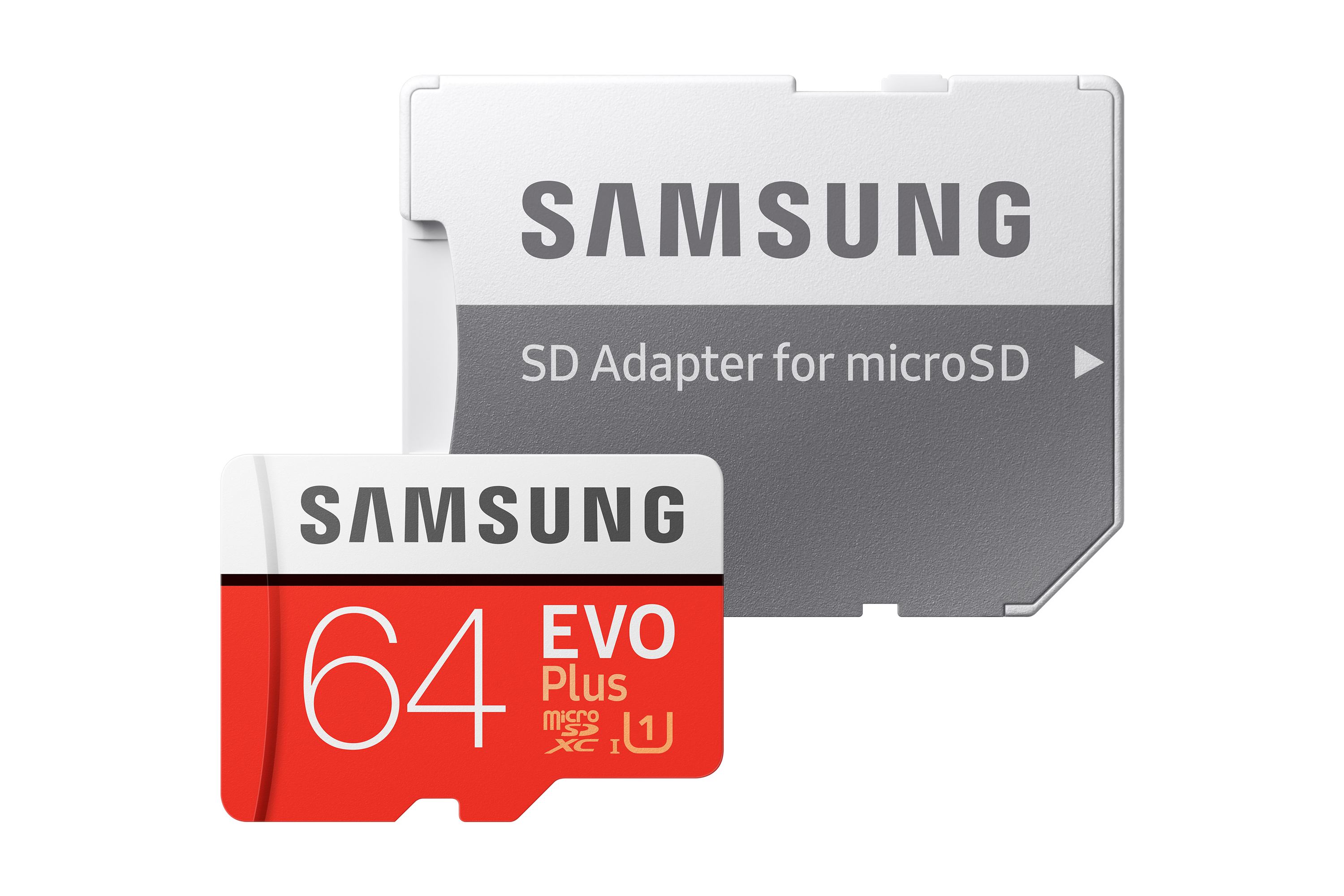 Obraz przedstawia dwie karty pamięci Samsung. Jedna to adapter SD, druga to karta microSD EVO 64 GB.