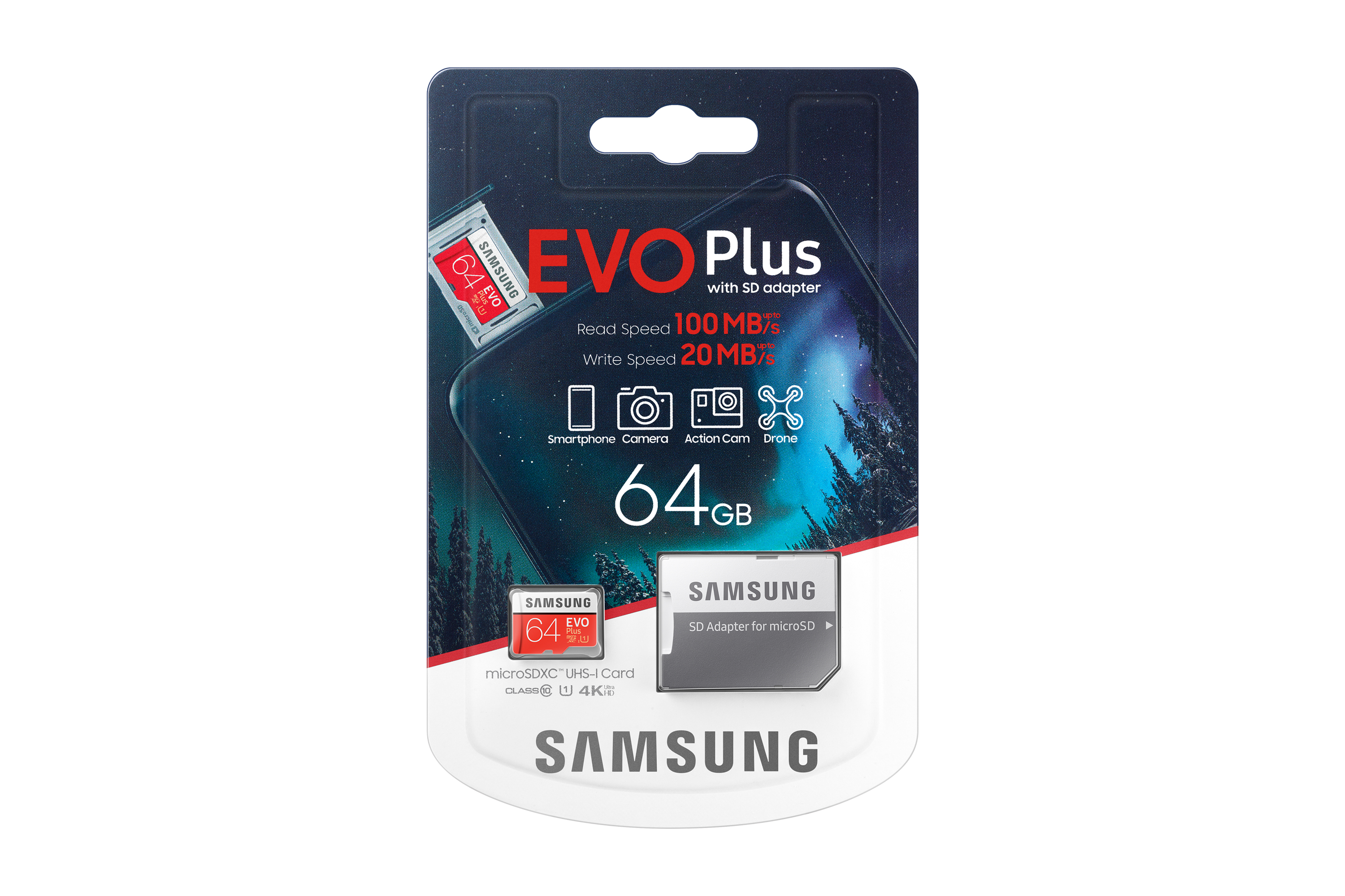 Opakowanie karty microSD Samsung EVO Plus 64GB. Pokazuje kartę, adapter i specyfikacje, takie jak prędkość odczytu/zapisu.