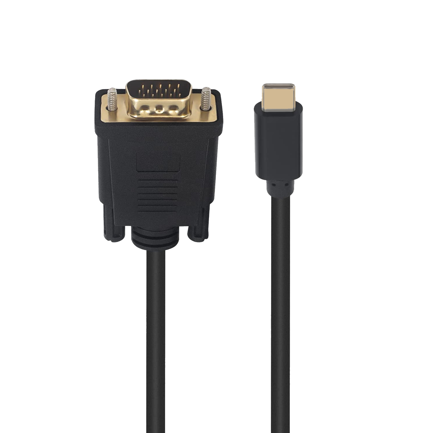 Connettori VGA e USB-C neri con cavi neri su sfondo bianco. Un connettore VGA e uno USB-C.