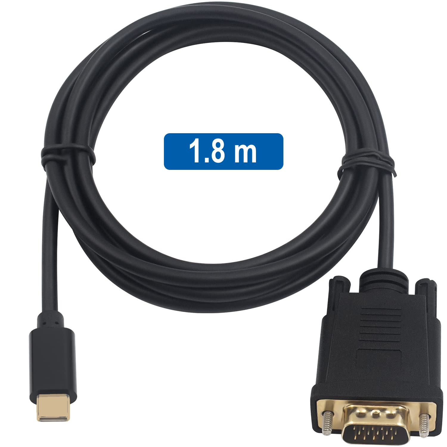 Un cavo nero da 1,8 m da USB-C a VGA. Il cavo è ad anello. Un'etichetta blu dice 1,8 m. Le estremità hanno un connettore USB-C e VGA.