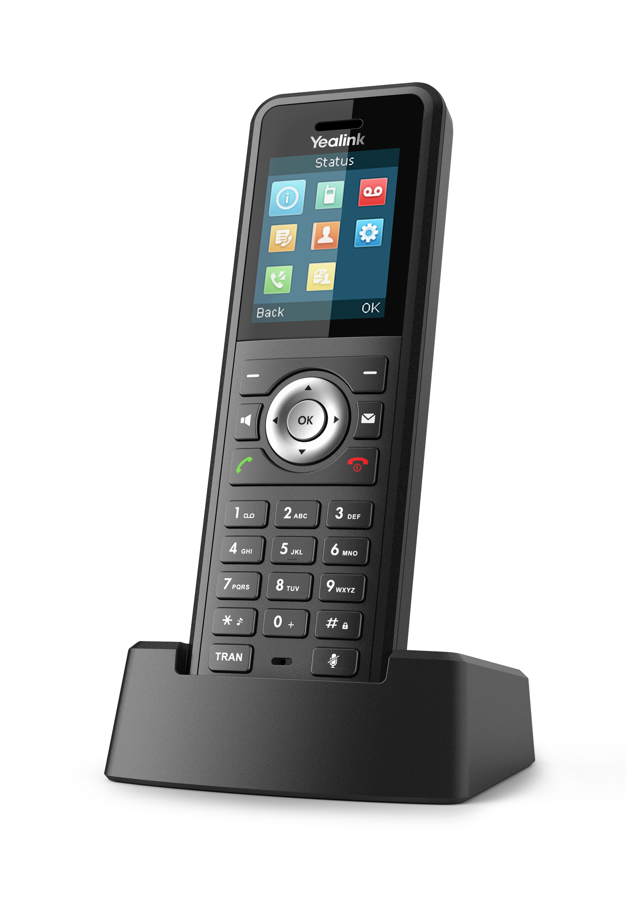 Telefono Yealink nero in una base nera. Il telefono ha uno schermo con icone e una tastiera con numeri e lettere.