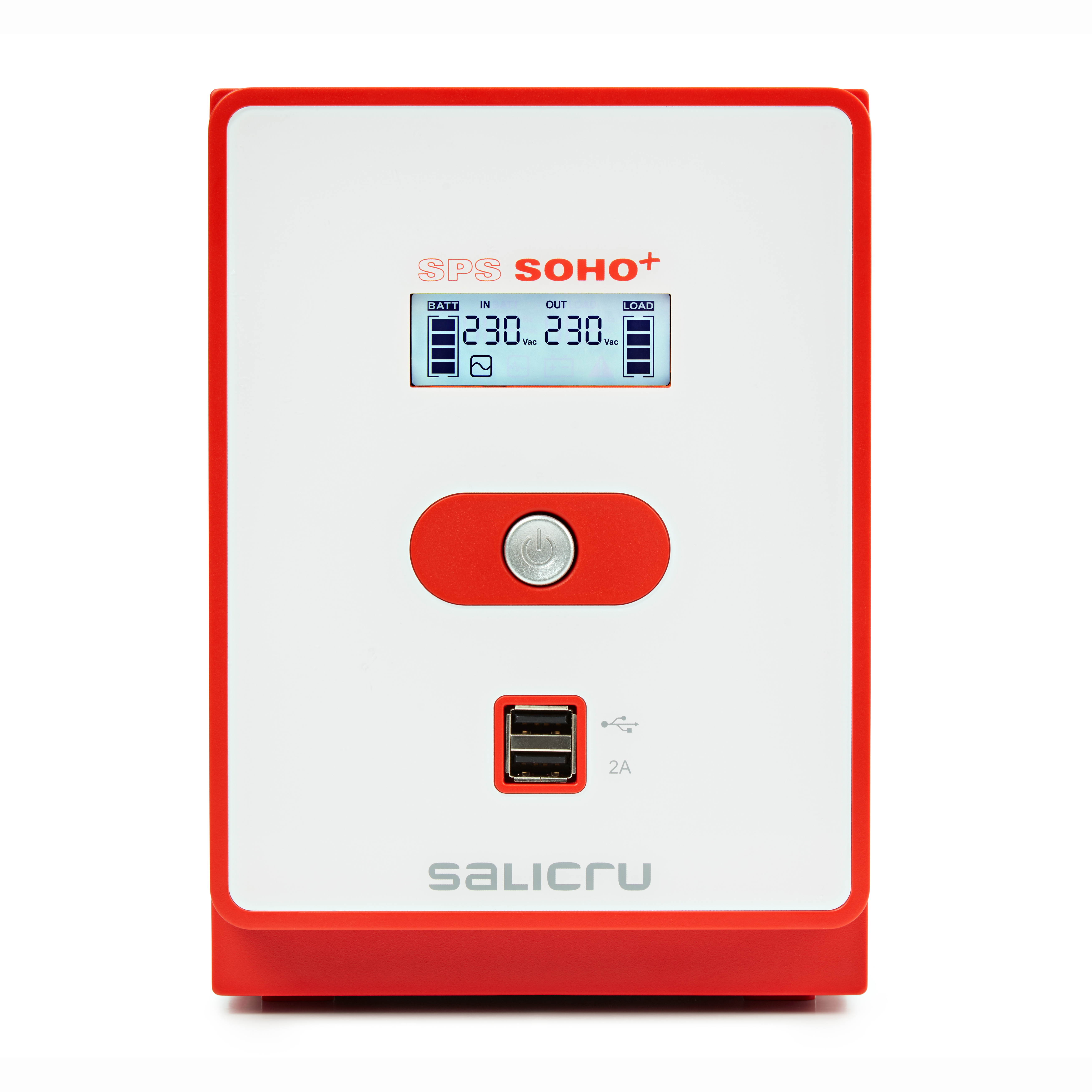 Un dispositivo rojo y blanco con una pantalla que muestra lecturas de voltaje. Tiene un botón de encendido, puertos USB y un logotipo.