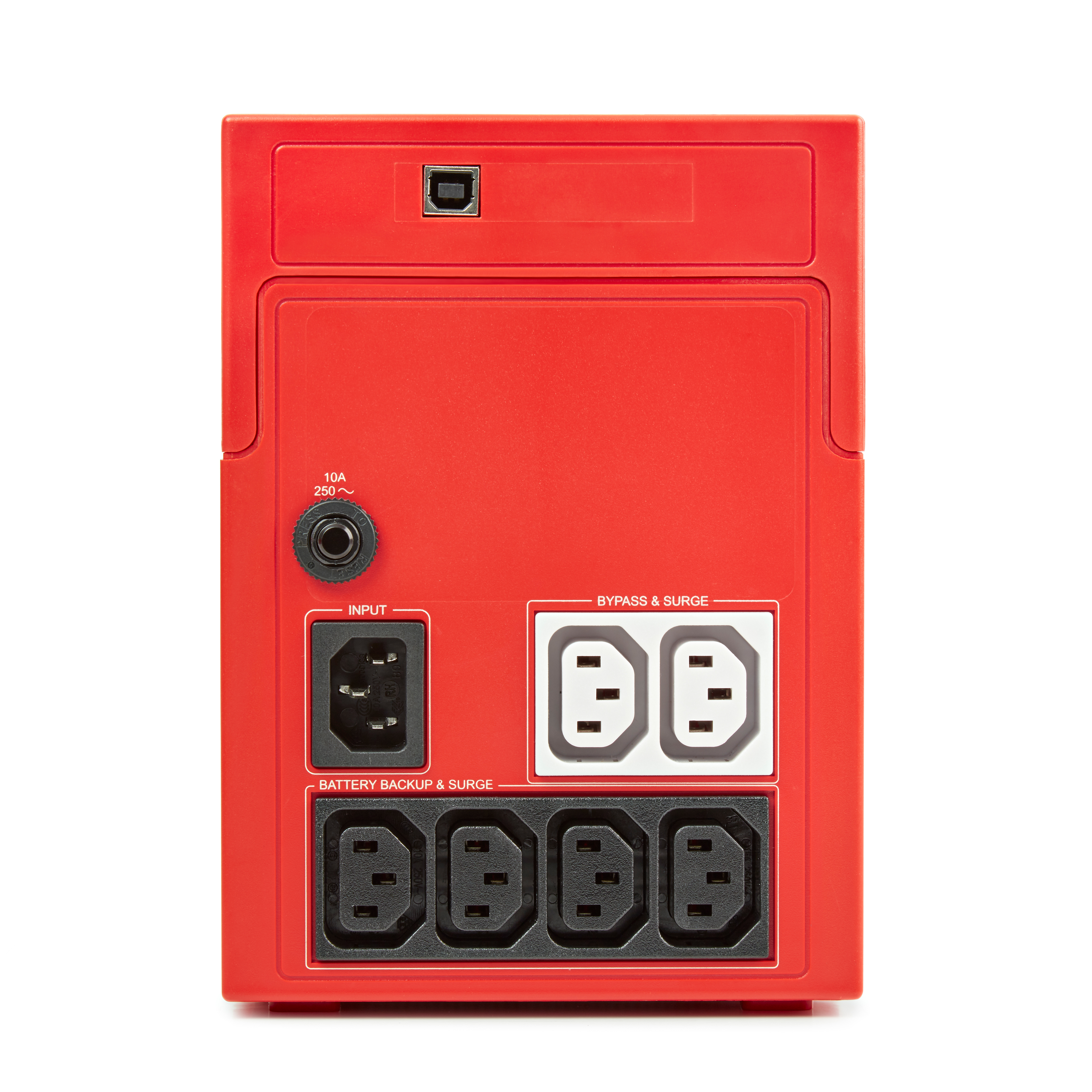 Un SAI rojo con múltiples tomas de corriente. Incluye entrada, derivación y sobretensión, y puertos de respaldo de batería y sobretensión.